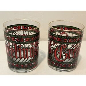VTG Houze Seasons Greetings Stained Glass looking Glasses set of 42 Old Fashions